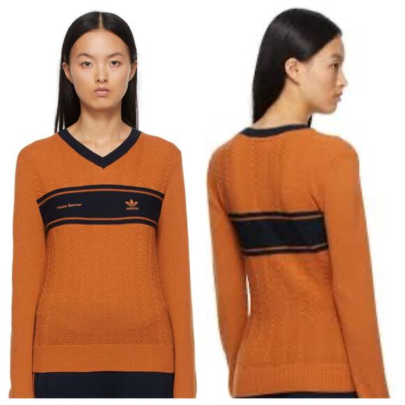 Adidas X Wales Bonner Men's Wool Knit Long Sleeve Shirt V-neck in Orange Size M - Picture 3 of 12